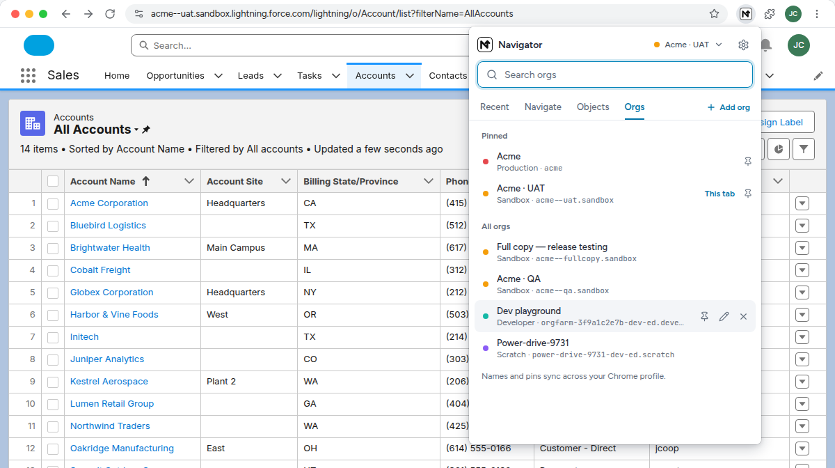 The Navigator popup on its Orgs tab, with pinned and saved orgs marked by type