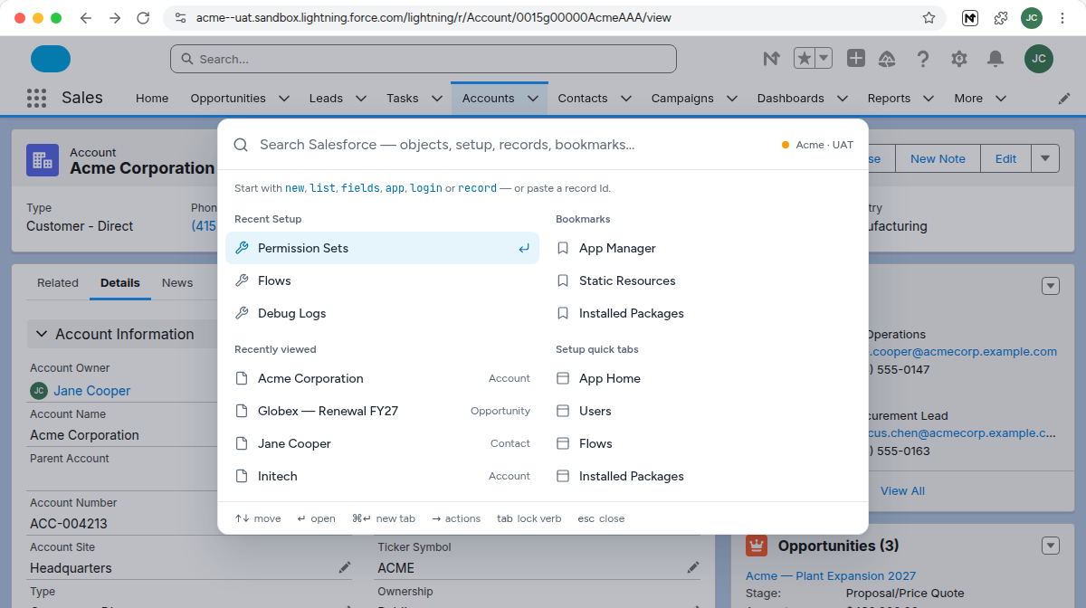 The Navigator command palette open on a Salesforce Account page, showing recent Setup pages, records, bookmarks and Setup quick tabs