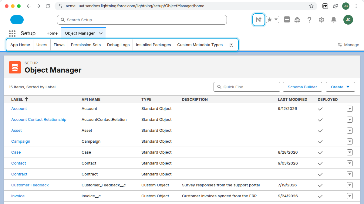 Setup quick tabs under the Setup header, and the N button in the Salesforce header